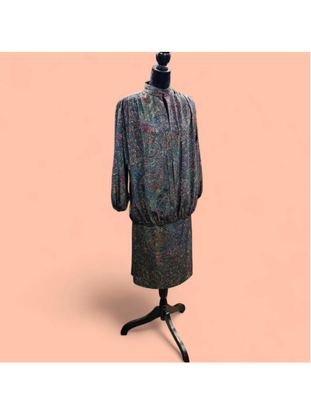 Vintage 70s Serbin Paisley Skirt Set USA Secretary Retro Librarian Midi M EUC